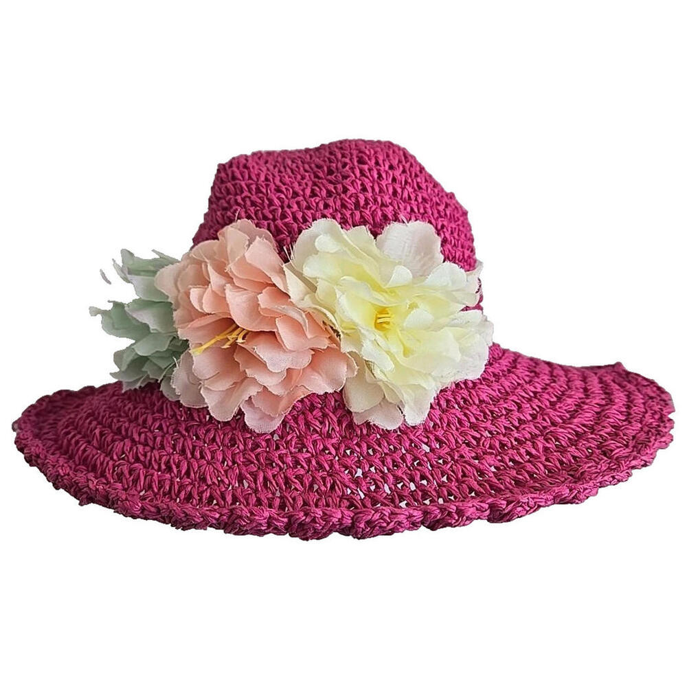 Bienvenu Dark Pink Large Brim Multi Colored Flower Beach Sun Hat Crochet